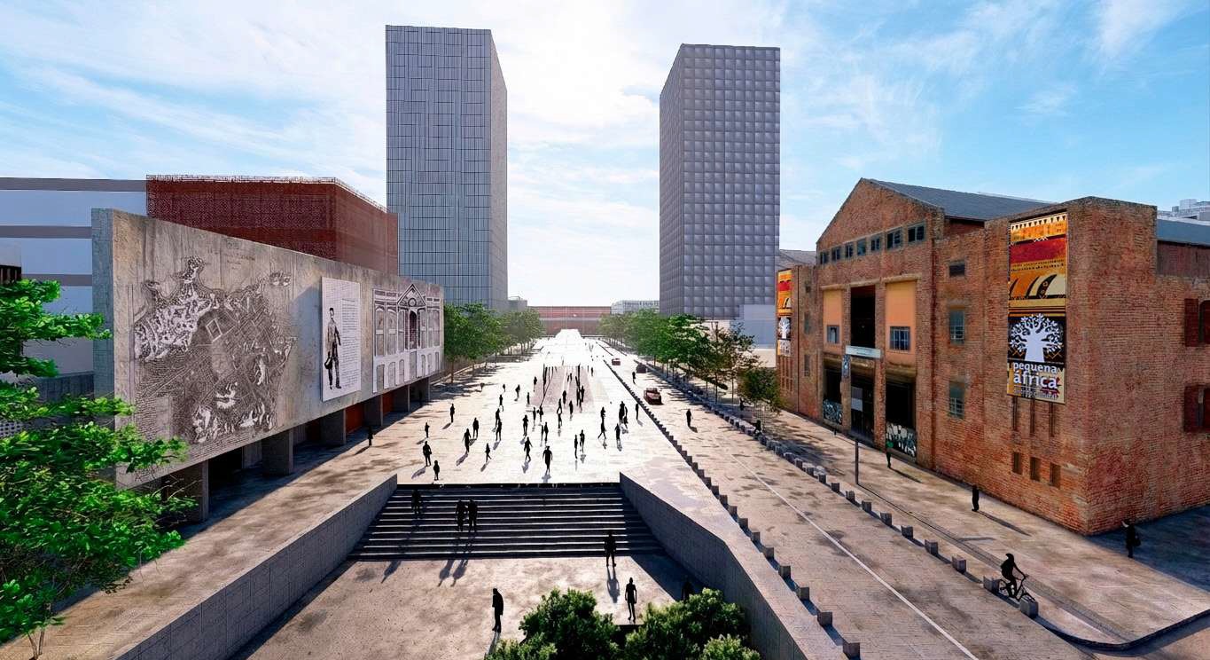 Imagem do Projeto do Novo Distrito Cultural da Pequena África, disponível para visualização em 3D.