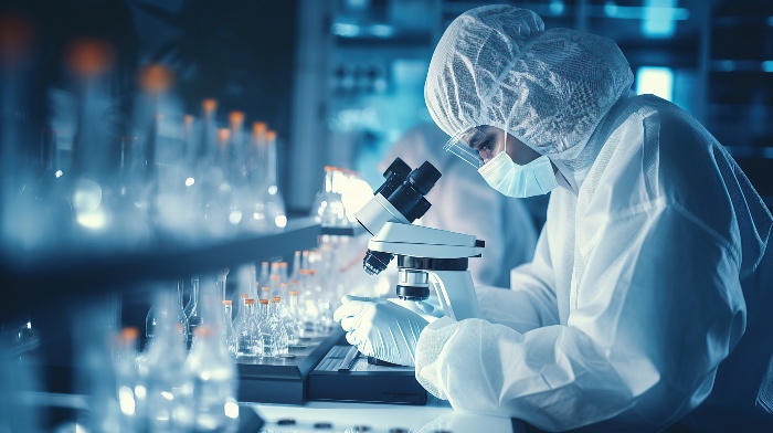 laboratory-personnel-wearing-mask-inspects-test-tubes-conducts-microscopic-analysis